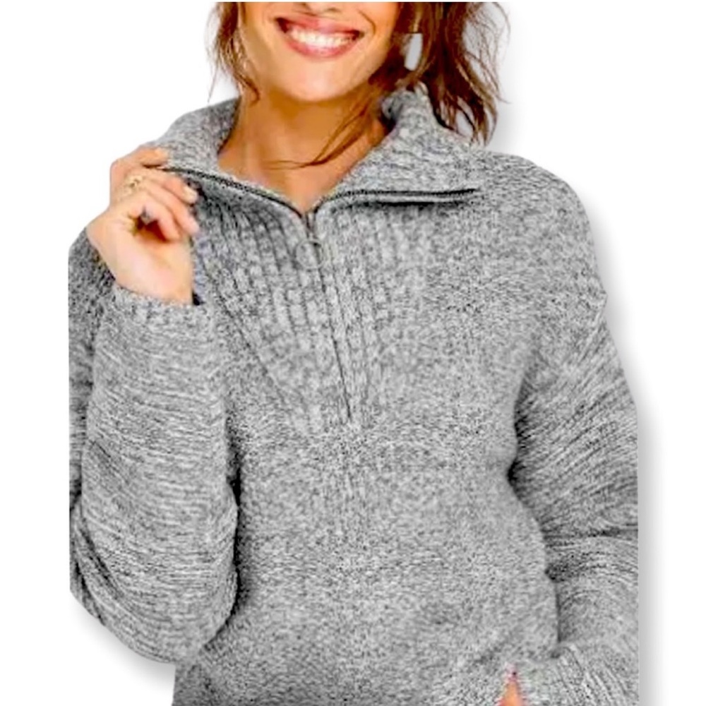 Chunky Zip Turtleneck Gray Marled Three Knit Design Cropped Sweater Size Medium